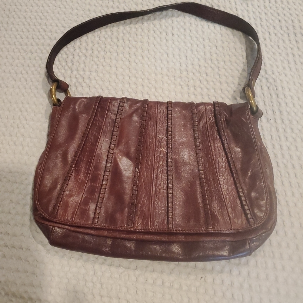 Vintage Burgundy Brown Textured Leather HOBO Brand Shoulder Bag (#19)